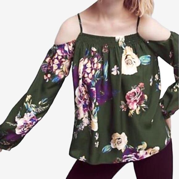 Maeve Tallie Floral Top Size XS Forest Green Silk Cold Shoulder Romantic Boho - Picture 3 of 4